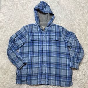 L.L. Bean Fleece Lined Plaid Flannel Hoodie Button Front Shirt Blue Size Medium